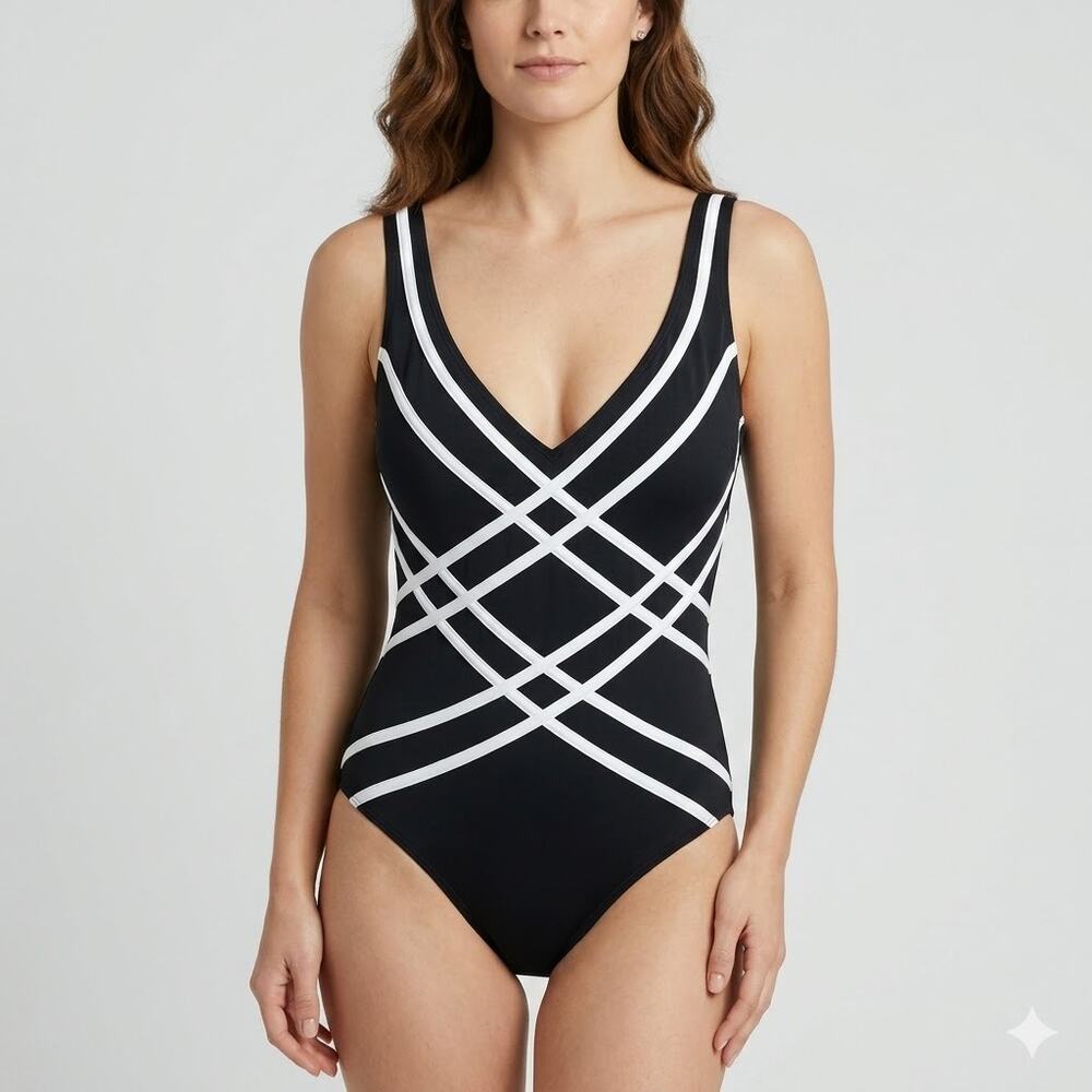 NWT Longitude Women's Black Crossover One Piece Padded Bathing Suit Size 14